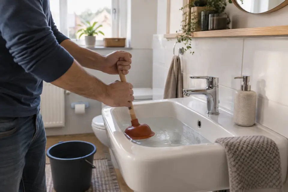 Waschbecken mit Saugglocke und bereitgestelltem Eimer in einem gepflegten Badezimmer